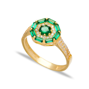Emerald Stone Baguette Handmade Rings Wholesale Turkish 925 Sterling Silver Jewelry