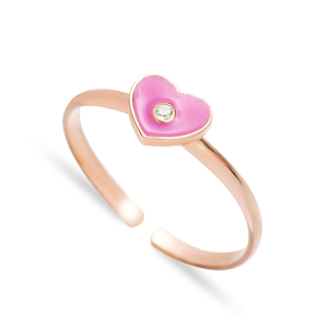 Pink Enamel Heart Design Adjustable Ring Handmade Wholesale Sterling Silver Jewelry