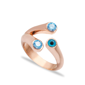 Turkish Evil Eye Design Aquamarine Adjustable Ring Wholesale 925 Sterling Silver Jewelry