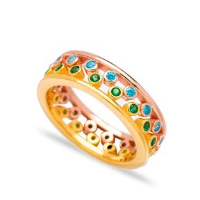 Two Band Rings Together with Color Stones Wholesale Turkish 925 Sterling Silver Jewelry