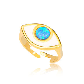 Blue Opal Evil Eye Adjustable Ring Turkish Wholesale Handcrafted 925 Sterling Silver Jewelry