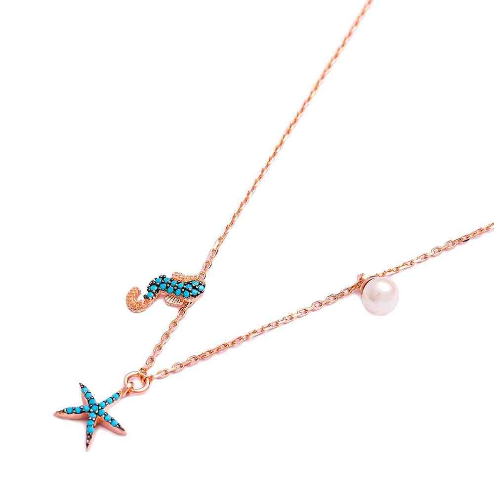 Nano Turquoise Minimalist Turkish Wholesale Silver SeaHorse With Starfish Pendant