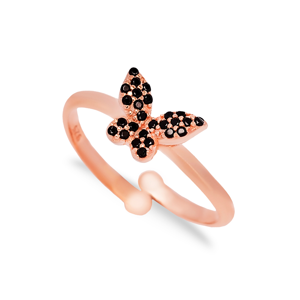 Butterfly Design Black Zircon Stone Adjustable Ring Turkish Handmade  Wholesale 925 Sterling Silver Jewelry